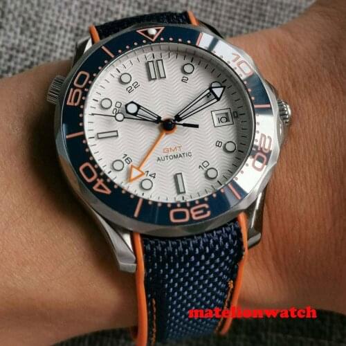 41mm GMT Function Automatic Mens Wristwatch White Dial Date Display 3804 Sapphire Glass Rubber Strap Ceramic Bezel Luminous