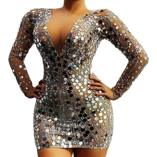 Sparkly Rhinestones Sequin Transparent Net Yarn Dress Bodycon Stretch Women Dress Birthday Party Outfit Nightclub Costume