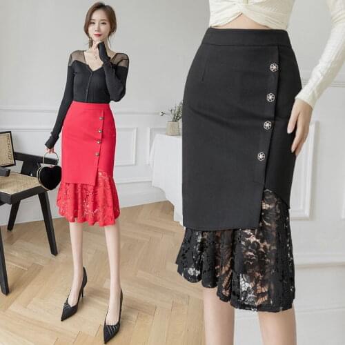 Big Size 5XL Elegant Korean Women Pencil Skirt Spring Slim Lace Patchwork High Waist Skirt Plus Size 4XL OL Office Lady Skirts