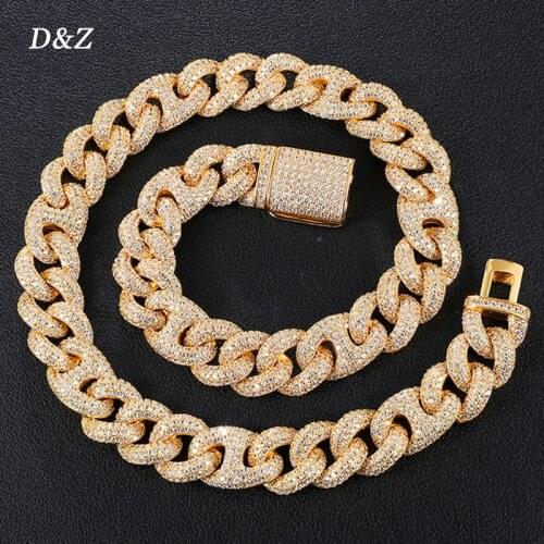 D&Z 16MM Iced Out Cuban Link Chain Copper AAA+ Cubic Zirconia Stones Prong Necklace For Women Men Box Buckle Fashion Jewelry
