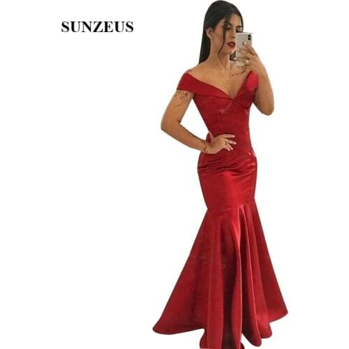 Red Long Satin Evening Dresses Off Shoulder V-neck Mermaid Formal Gowns Guest Party Dress Dinner