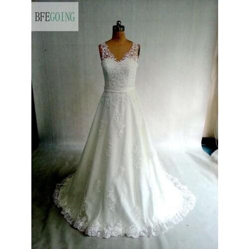 Ivory Lace Tulle V-Neck A-line Wedding dress Court Train Floor-Length Belt Bridal Dress Real /Original Photos Custom made