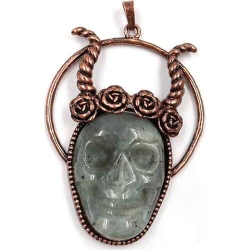 New Retro Natural Labradorite Stone Bronze Skull Head Skeleton Evil Pendant for Women Men Necklace Cool Fashion Jewelry