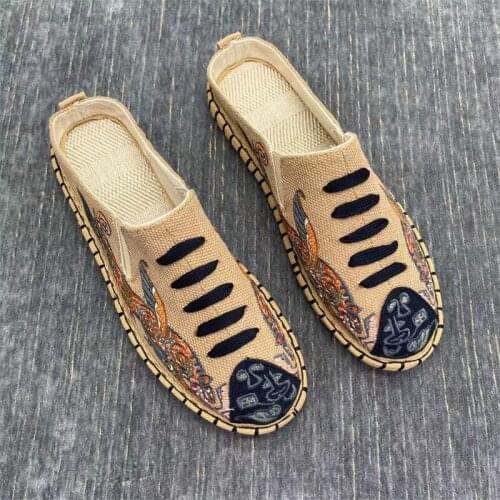 National Style Old Beijing Melaleuca Linen Slip On Casual Hemp Shoes Leopard Embroidered Mens Slippers