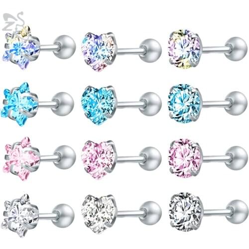 ZS 4 Pairs 3-8mm Shiny Cubic Zirconia Stud Earring Set 316L Stainless Steel Ear Studs Ear Tragus Helix Conch Cartilage Piercings