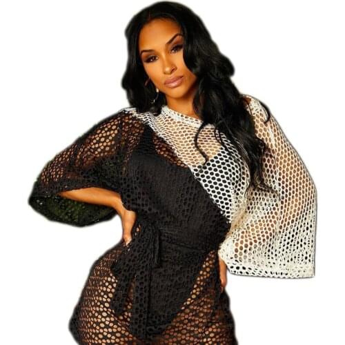 Summer New Womens Clothing European and American Sexy Mesh Black and White Stitching Dress