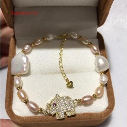 New natural freshwater irregular Rice shape 5-6MM multicolor Bracelet inlay elephant 7 inches