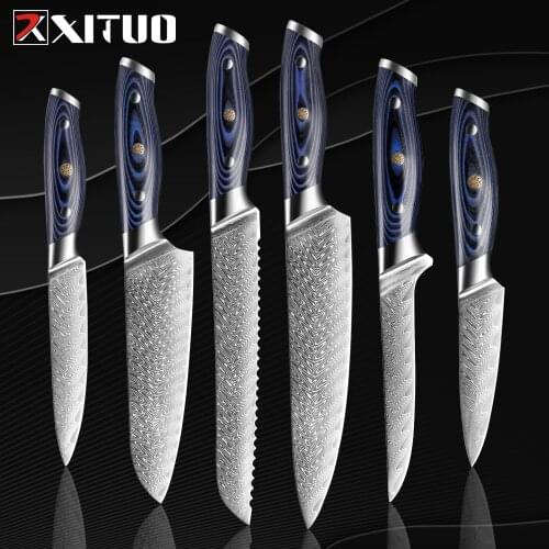 XITUO 2-6PCS Knives Set Damascus Chef Knife Sharp Japanese Sankotu Cleaver Boning Gyuto Kitchen Knife G10 Handle Cooking Tool