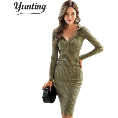 Autumn Winter Sweater dress women solid bodycon dress Female Jumper slim basic knit dress Long sleeve