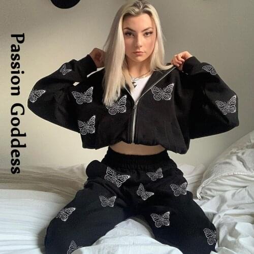 Fall Women 2 Piece Butterfly Hot Drilling Pants Sets Oversized Zipper Hoodies Sweatshirts Harem Pants Diamonds Two Piece Outfits