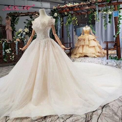 AnXin SH Luxury princess white flower lace boat neck beading crystal champagne ruffles sparkly wedding dress 100% real photo