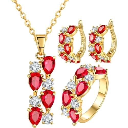 Luxury CZ Red Zircon Earrings Sets Ring Necklace Jewelry Sets For Women Gold Mona Lisa Wedding Bridal Ring Set Of Jewelry