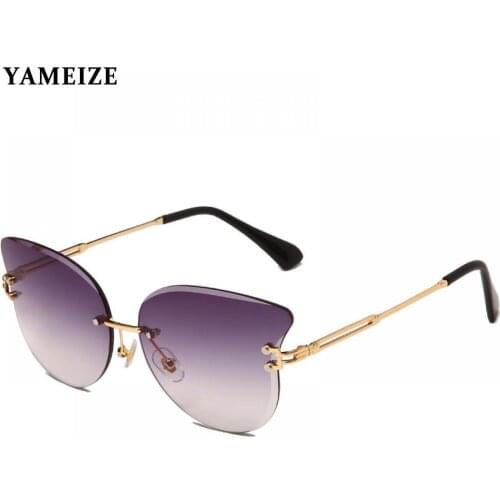 Cat Eye Sunglasses Women Vintage Rimless Cutting Lens Sun Glasses Metal Gradient Brown Pink Ladies Glasses Oculos Gafas De Sol