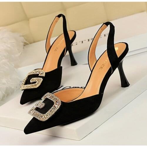 Oumeifeng banquet womens shoes high heel shallow tip velvet face hollow after the trip metal water drill buckle sandals