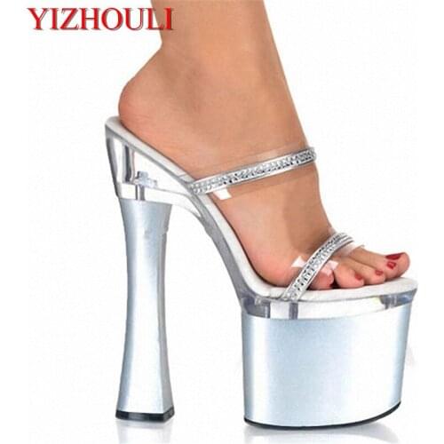 Womens Shoes 7 Inch High Luxury Diamond High Heel Shoes Thick Platform Princess Slippers Sexy 18cm Crystal Dance Shoes