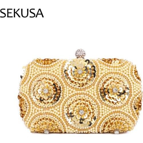 Sequined Retro Women Handbags Gold White Color Diamonds Small Day Clutch Wedding Bridal Evening Bags Beaded Party Purse