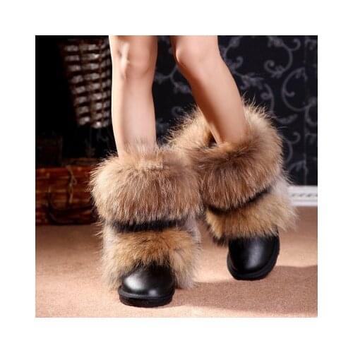 Fashion Waterproof Women Boots Winter Boots Big Natural Fox Fur Snow Boots Genuine Leather Female Shoes Non-slip Rubber Soles