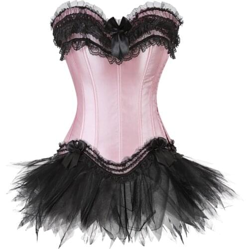 Vintage Corset Drees Women Sexy Satin Lace Bow Corset Bustier Top With Mini Tutu Skirt Set Clubwear Costume Party Suit Plus Size