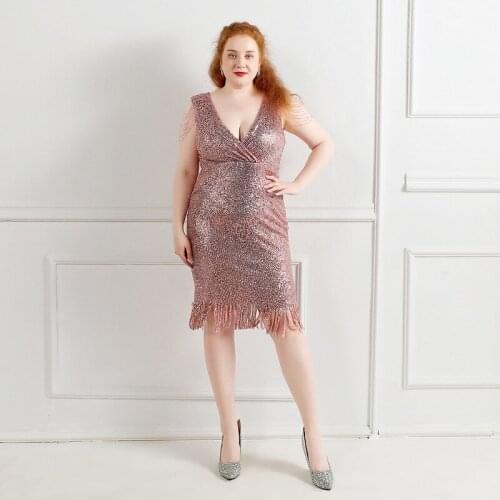 Prom Dress Luxurious V-Neck Zipper Back Pleat Sequins Tassel Sleeveless Knee-Length Empire A-Line Formal Gowns For Women D1266