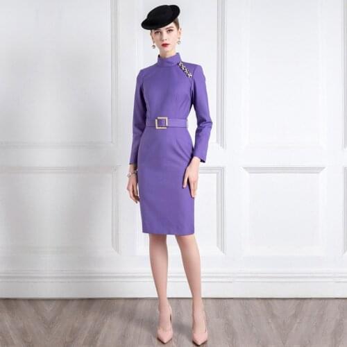 High End Temperament Stand Collar 2021 New Spring Dress Waist Show Thin Celebrity Dress Long Sleeve Purple