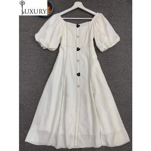 Summer Fashion White 2020 High Quality Women Sexy Off Shoulder Color Block Stitching Sweetheart Button Deco Casual Dress