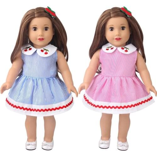 18 Inch American Doll Girls Skirt Summer Cartoon Cherry Stripe Dress Newborn Baby Toys Accessories 43 Cm Boy Dolls Gift D30