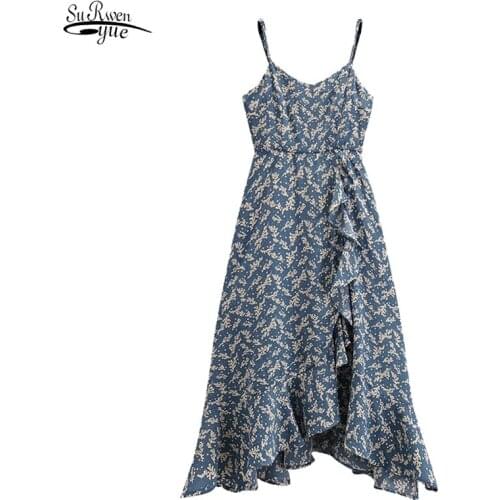 Sleeveless Sling Floral Party Dress Summer Dress 2021 Ruffles Sexy Beach Dresses Chiffon Fashion Women Clothing Robe Femme 15105