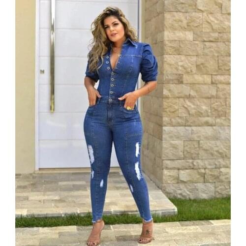 Jeans Casual Overalls Sexy Women Turn Down Collar Short Sleeve Bodycon Blue Ripped Denim Jumpsuit Rompers