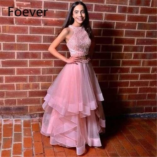 Elegant Sleeveless Pearls Heavy Beaded Ruffles Pink Tulle Halter 2 Piece Evening Prom Dresses 2019