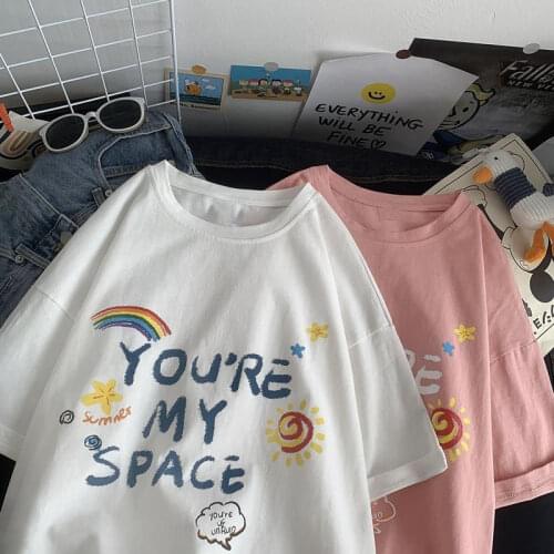 100% Cotton Summer Harajuku Tshirt Anime Kawaii White Rainbow Pattern Casual T Shirt Women Loose Oversized T-shirts Tops Tees