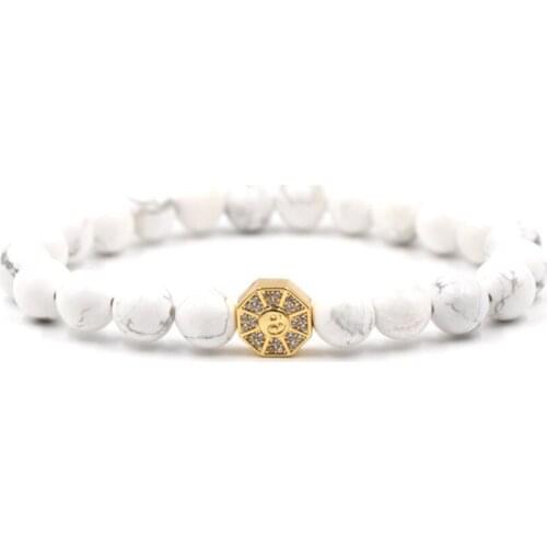 FYSL Light Yellow Gold Colors Eight trigrams of Taiji Connect 8 mm White Howlite Stone Bracelet Charm Jewelry