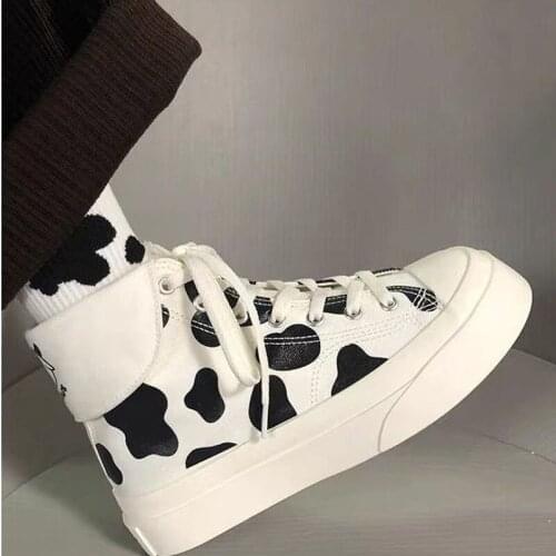 Womens Sneakers Cow Print Kawaii Shoes Fashion Cute Lace-Up Platform Boots Ladies Casual Footwear Student Spring Loli 2021
