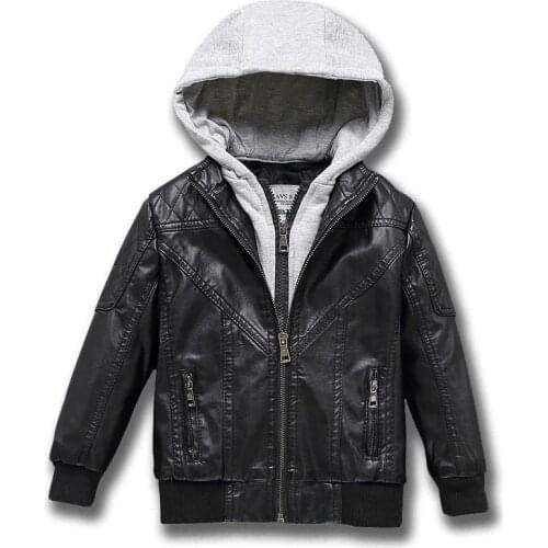 Spring Boys Jacket Can Detached Hood Leather Winter Warm Child Coat Thicken PU Leather Casual Children Clothing Outerwear 4-13Y