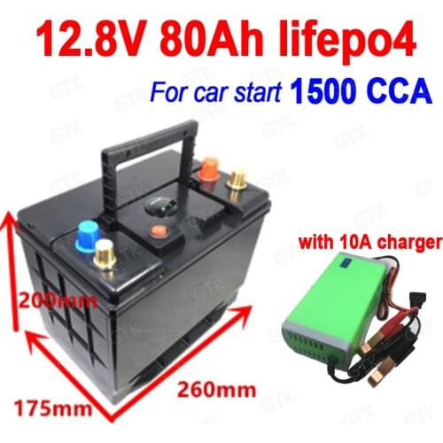 GTK 12.8V Lifepo4 12V 80Ah lithium battery CCA 1500A 800A lithium Iron phosphate for vehicle start car boat + 10A Charger