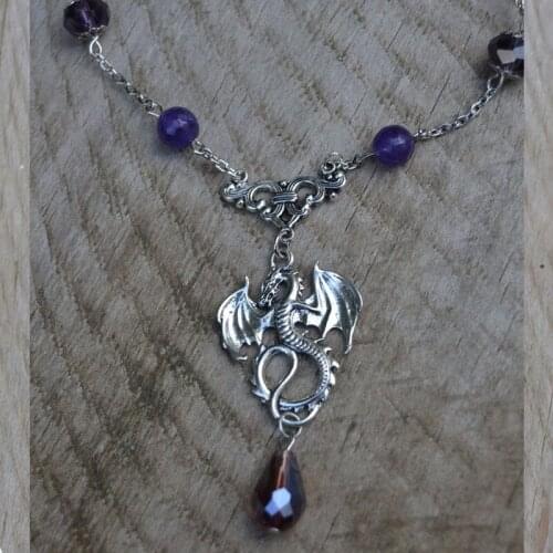 Statement dragon necklace silver purple crystal gothic dragon necklace amethyst beaded gothic necklace