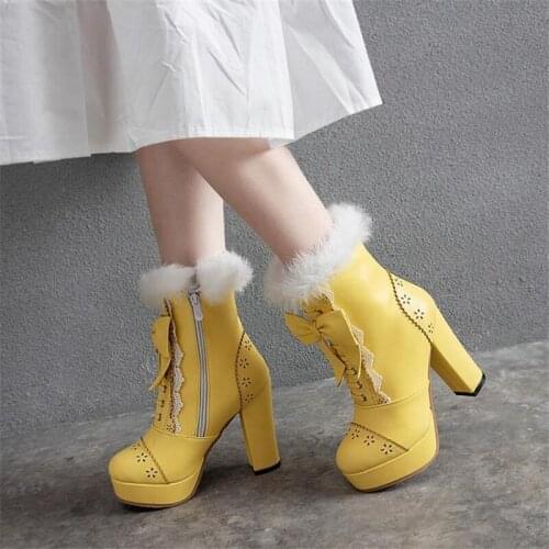 Sweet Bow Fur Women Lady Platform High Heel Snow Boots Big Size 34-48 Autumn Winter New Fashion Women Ankle Booties Lolita Shoes