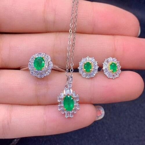Natural Real Emerald Set 925 Sterling Silver 1pc Emerald Ring,2pcs Emerald Earring,1pc Emerald Pendant For Anniversary