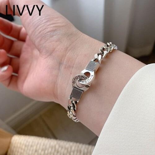 LIVVY NEW Arrival Tank Large Chain Bracelet Thai Silver Color for Women Couple Hip-hop Retro Simple Exquisite Jewelry Gift