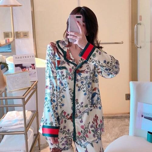 Long Sleeve Womens Pajamas Set Satin Silk Floral Sleepwear Pjs Plus Size Summer Spring Fashion Homewear Loungewear 2021