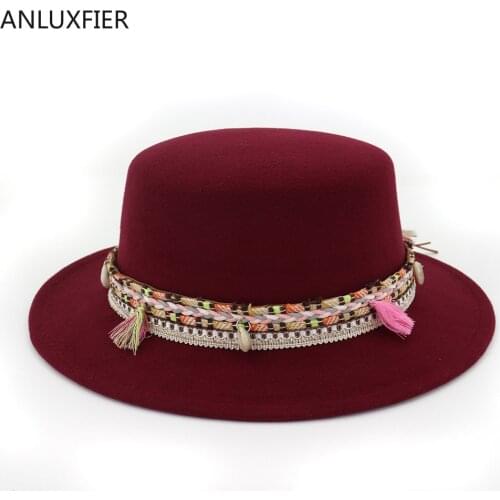 H7584 Fall Winter Fedoras Hat Women Wool Minority Style Fashion Ribbon Woolen Felt Cap Female Flat Brim Jazz Fashion Sweet Hats