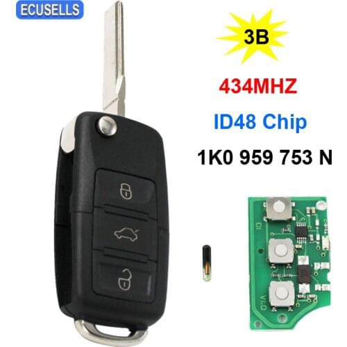 3 Button Folding Flip Remote Key 434MHZ ID48 Chip 1K0 959 753 N 1K0959753N for Volkswagen for VW Eos Golf Jetta Polo Altea Yeti