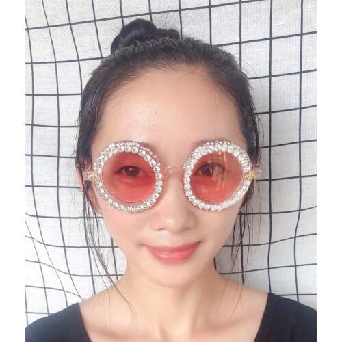 Handmade Sunglasses Luxury Pink Women Sun Glasses Diamond Eyewear Small Round Eyeglasses UV400 Crystal Sunglasses