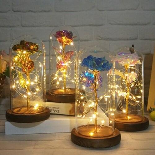 Gold Foil Rose Flower Glass Cover Luminous Led Night Light Simulation Immortal Flower Christmas Valentines Day Gift Decoration