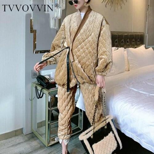 TVVOVVIN Pants Women Set Women Coats Sets Bandage Vintage Velour Winter Coats High Waist Pants Plus Size 2 Piece Set Women MNZQ
