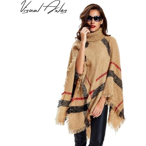 [Visual Axles] 2020 New Fashion Women Winter Warm Wool Plaid Knitting Poncho 7 Colors Provided