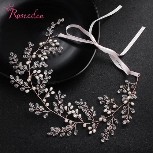 Rose Gold Floral Pearl Bride Wedding Hair Vine Headband Bridesmaid Headdress Beads Bridal Headpiece Women Jewelry RE3096