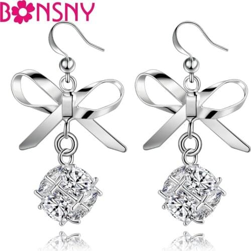 Bonsny Silverstone Big Bowknot Cubic Zircon Hook Earrings Dangle Drop Zirconia Charms Fashion Jewelry For Women Girls Accessory