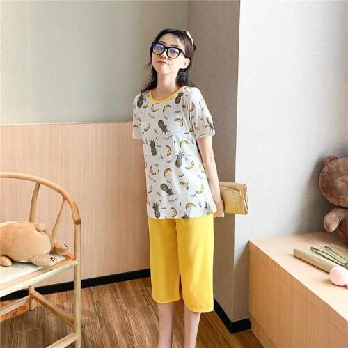 Summer Knitted Cotton Cartoon Pajamas Set Women Pyjamas Sleepwear Nightwear Pijama Mujer Plus size Calf-Length Pants Homewear