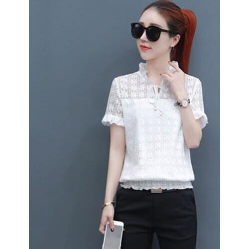 Women Spring Summer Style Lace Blouses Shirts Lady Casual Stand Collar Short Sleeve Lace Blusas Tops DD8022