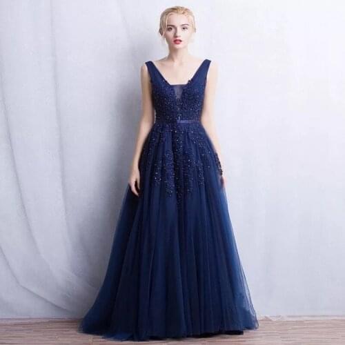 2020 Vintage Blue Beading Evening Dress V-neck A-line Long Lace Applique Prom Dress Vestido De Festa Plus Size LE40761